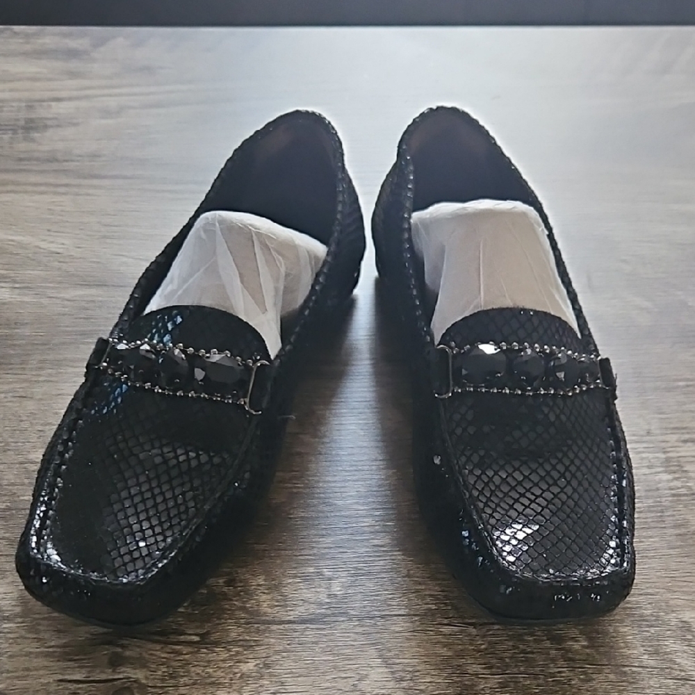 Stuart Weitzman Black Snake-Texture Jeweled Loafers 5.5